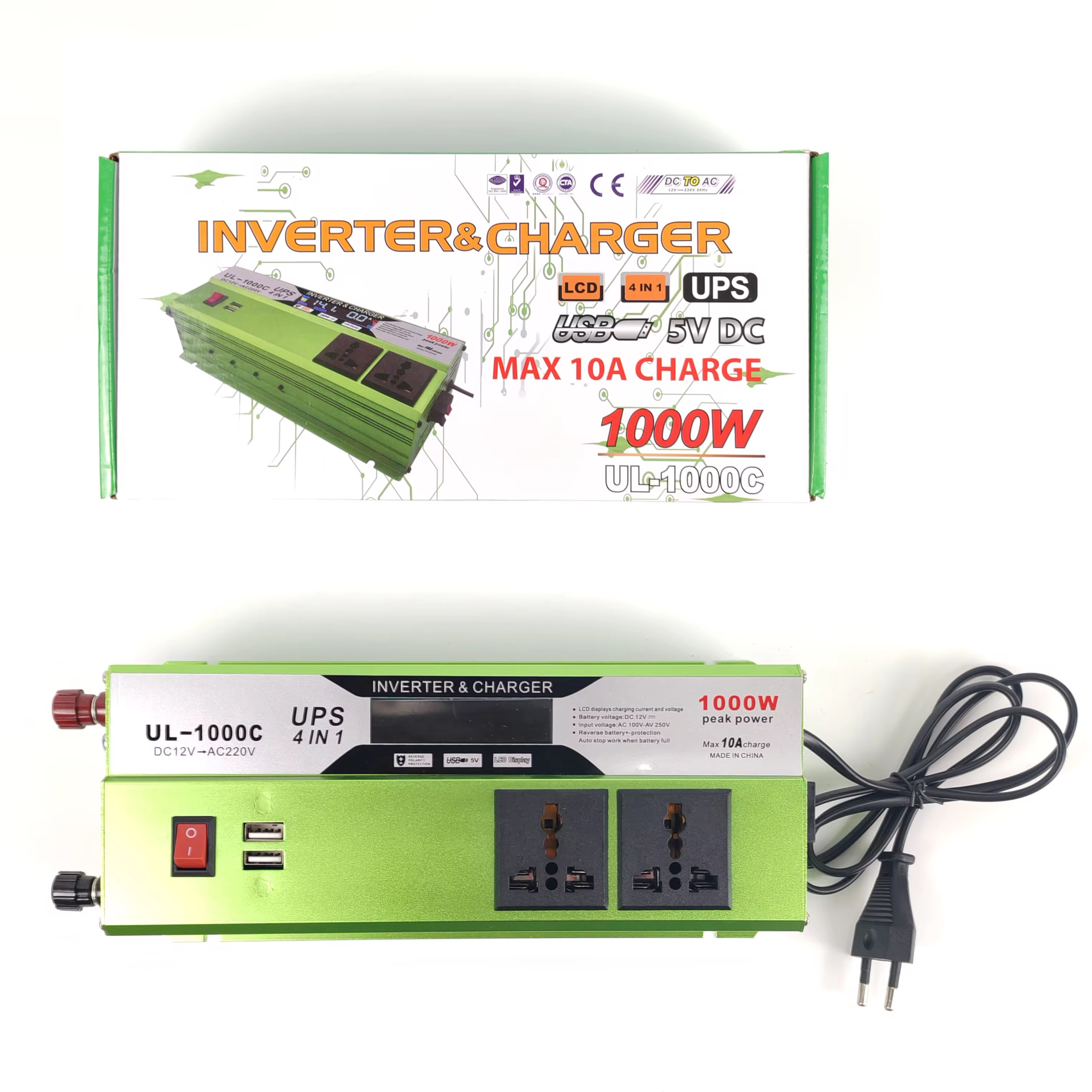 1000W UPS Inverter with Battery Charger 12v to 220v Solar Inverter with 2 Usb Port